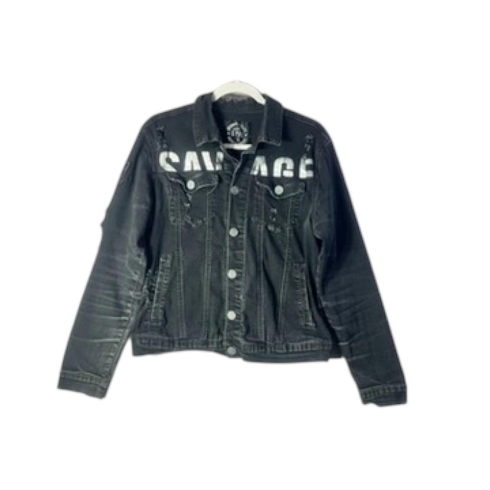 Spark Black "Savage" Denim Jacket Size Small Distressed Streetwear